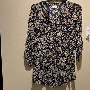 Siren Lily Maternity Navy and Camel Floral Tunic with Adj Waist Semi SheerFabric